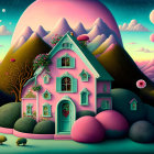 Whimsical pink house surrounded by blooming plants, stylized trees, and multiple moons