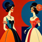 Stylized female figures in elegant gowns on red and blue art deco background