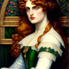 Portrait of woman with long red hair, white blouse, green corset against floral Gothic background