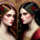 Illustrated portraits of women in floral headpieces with ornate golden backgrounds.