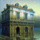 European-style chateau floating on water with misty surroundings