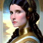 Elaborate Braided Hair Woman in Gold Armor Portrait