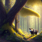 Enchanted forest with glowing fruits and a badger holding a blue orb surrounded by lush greenery
