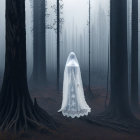 Ghostly figure in white cloak in foggy forest.