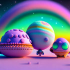 Colorful Digital Artwork: Stylized Planets, Aurora Sky, Cute Robot