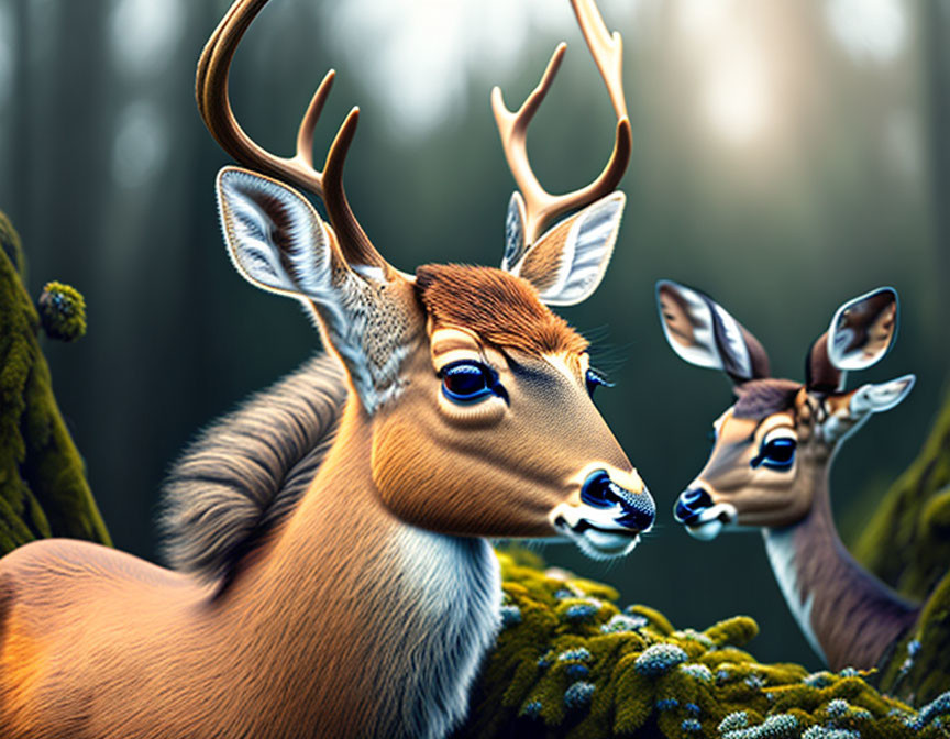 Stylized deer with human-like eyes in mossy forest landscape