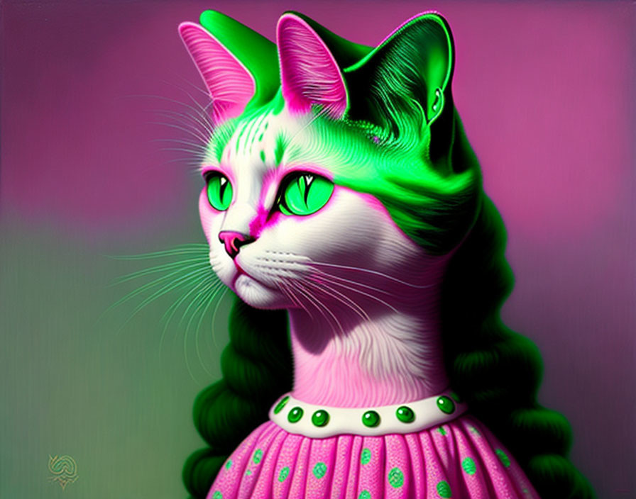 Cat illustration with human-like features in green and pink attire on pink background