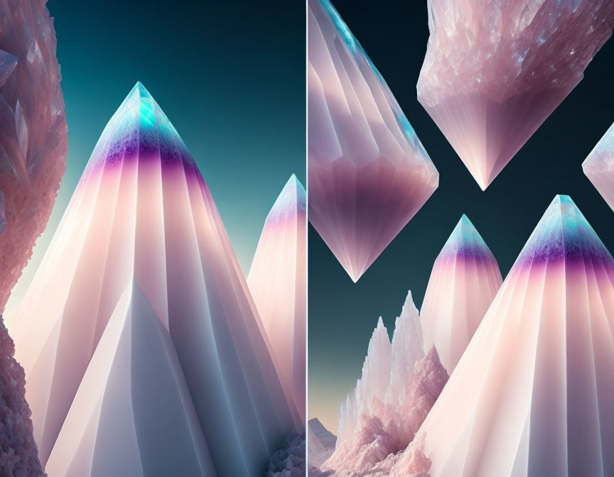 Stylized digital art: luminous pink crystal formations on blue gradient.