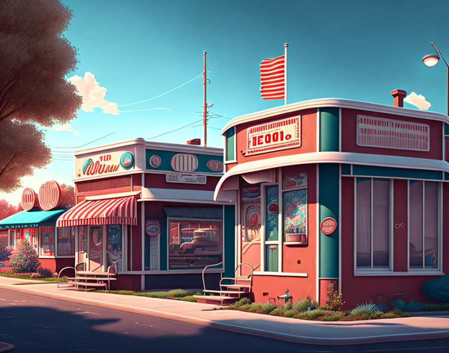 Nostalgic Vintage Diner Scene with Neon Signs and American Flag