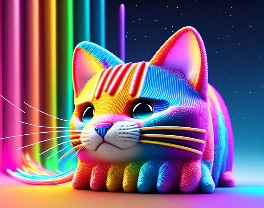 Colorful digital art: stylized cat with neon-striped fur and rainbow backdrop