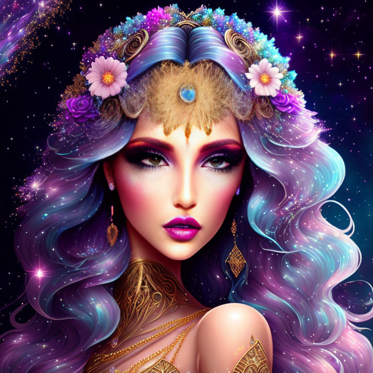 Fantasy illustration of a woman with lilac hair, golden tattoos, and star-themed makeup.