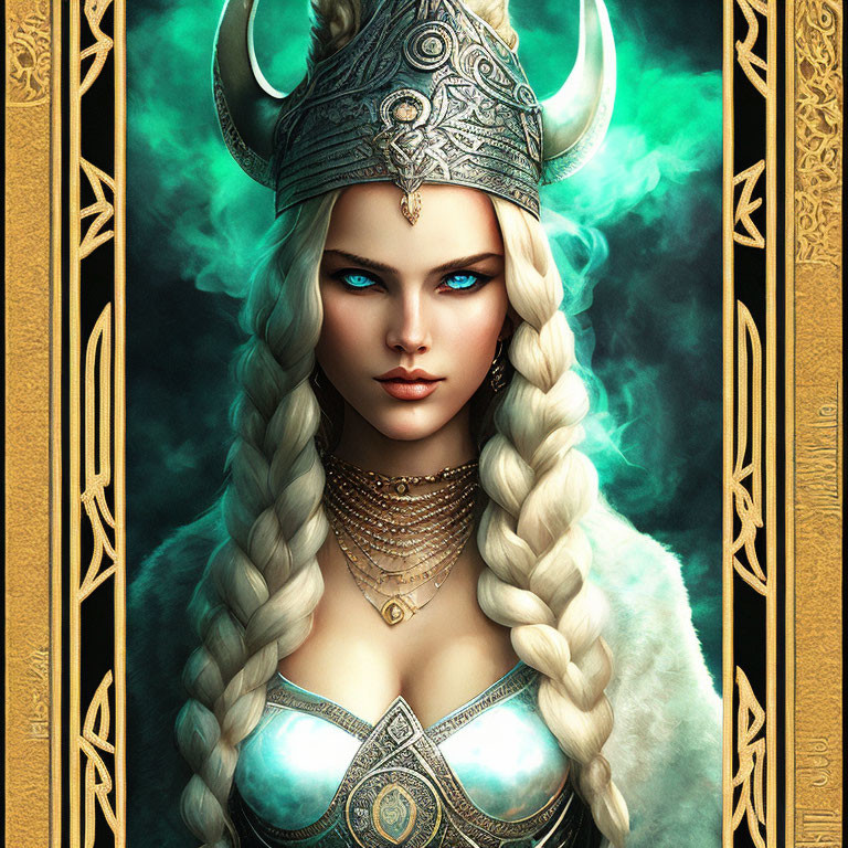 Fantasy female digital artwork with horned helmet and intricate armor