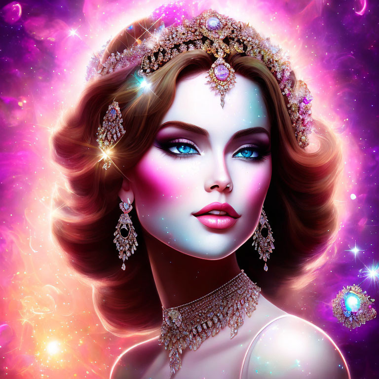 Woman with Blue Eyes and Ornate Jewelry on Cosmic Background