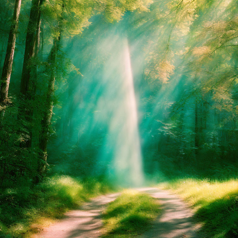 Tranquil Forest Path with Sunlight Filtering Through Canopy