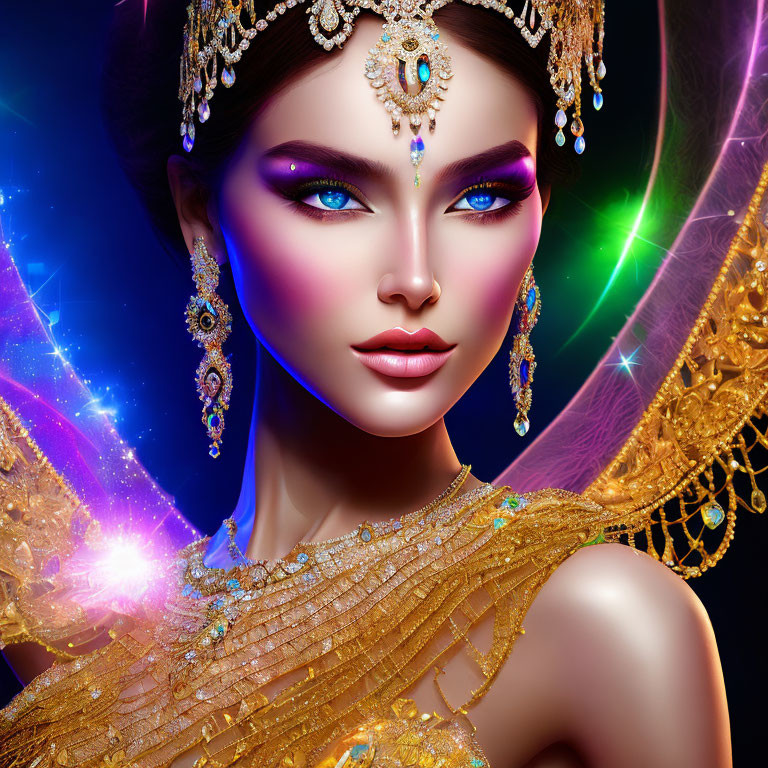 Digital artwork of woman with blue eyes in gold jewelry against cosmic background