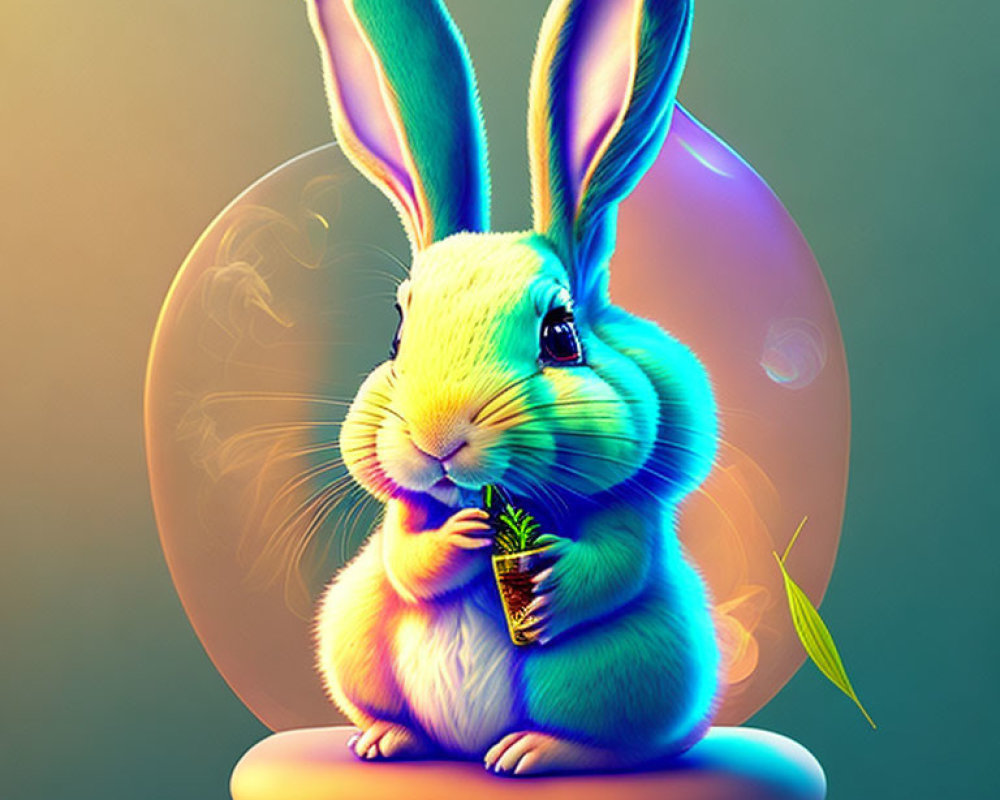 Vibrant Rabbit Illustration with Carrot on Bubble Background