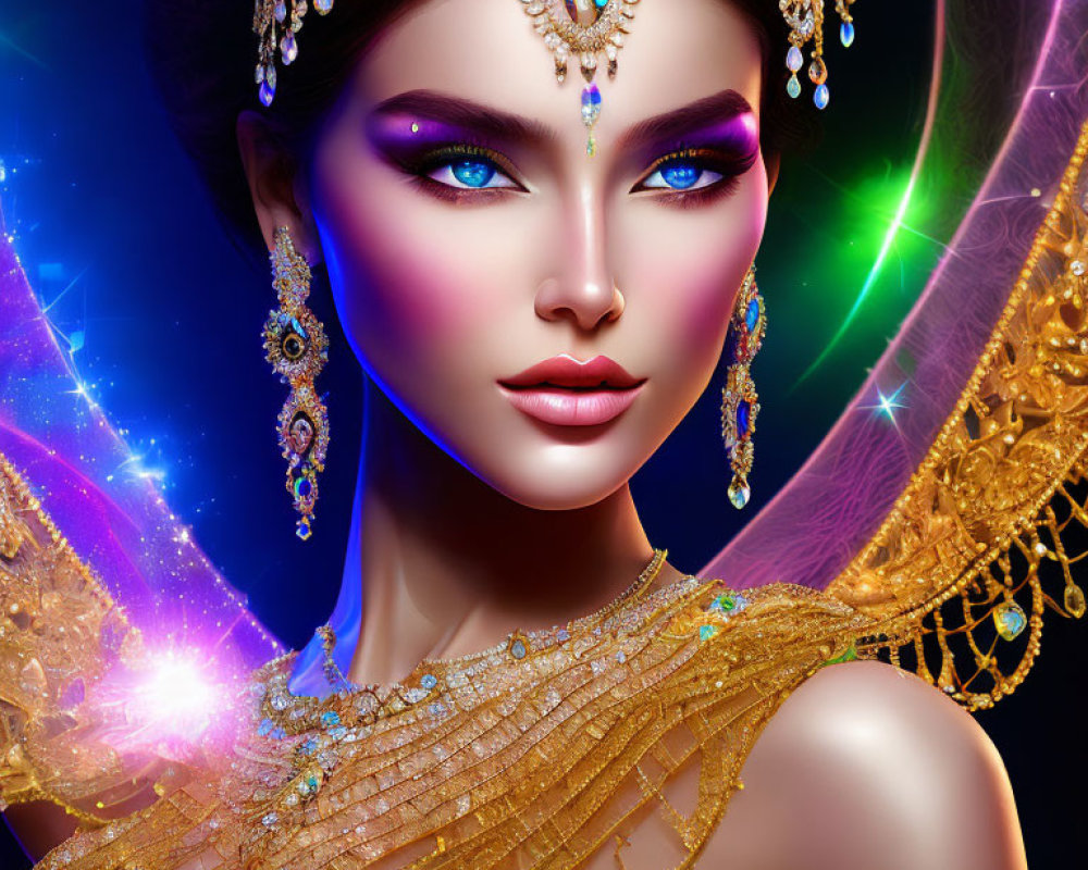 Digital artwork of woman with blue eyes in gold jewelry against cosmic background