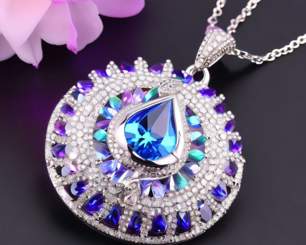 Silver Pendant with Blue Teardrop Gemstone and Diamonds on Chain with Pink Flower