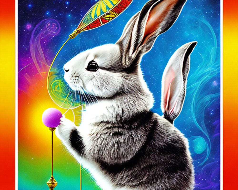 Whimsical white and grey rabbit with ornate feather in cosmic setting