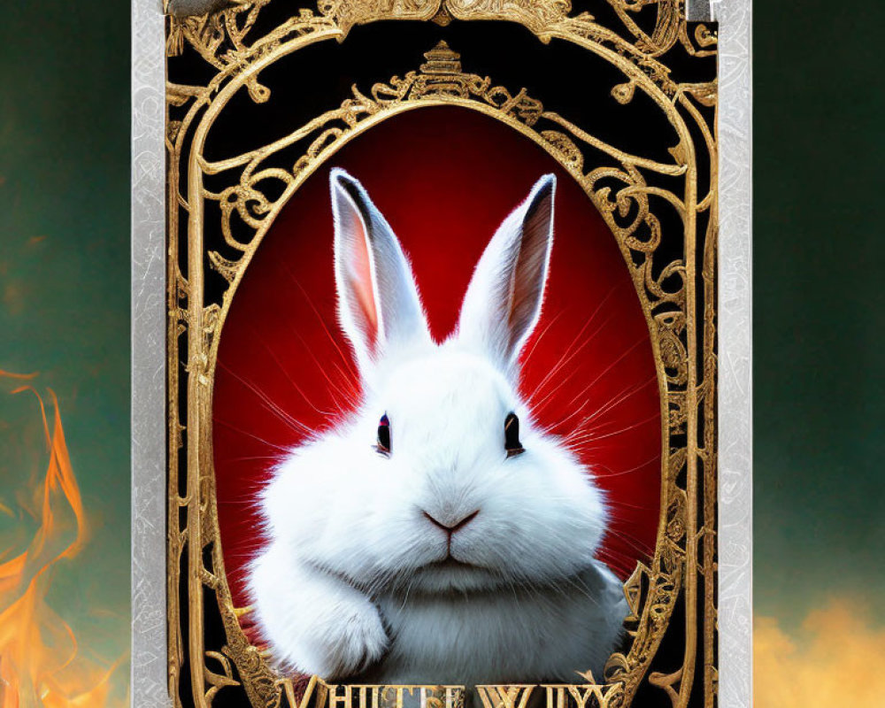 White rabbit in golden frame with "White Willy" text on smoky background