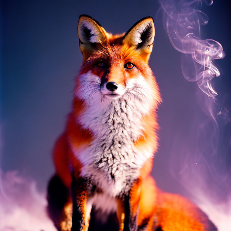 Red Fox Portrait with Smoke Swirls on Purple-Orange Background
