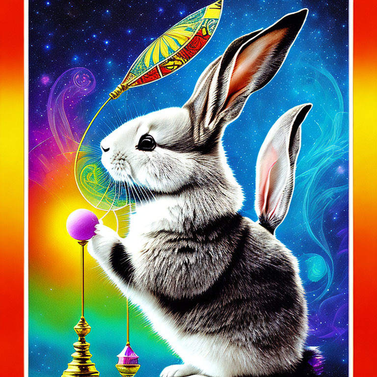 Whimsical white and grey rabbit with ornate feather in cosmic setting