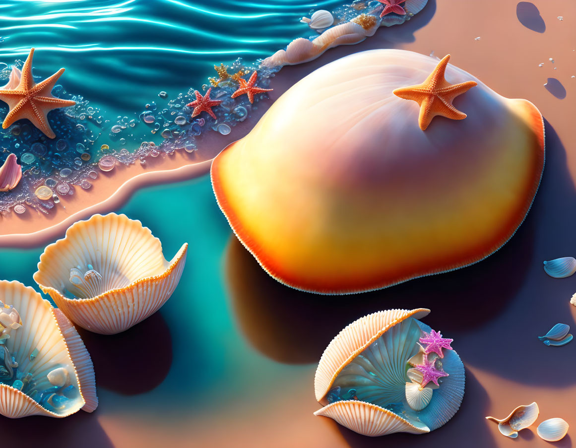 Colorful digital beach scene with oversized glowing seashell and starfish in clear blue waves