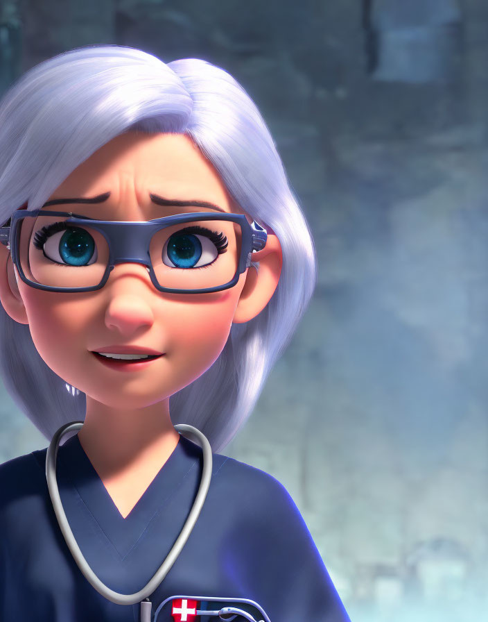 Female animated character with silver hair, glasses, and medical uniform in close-up.