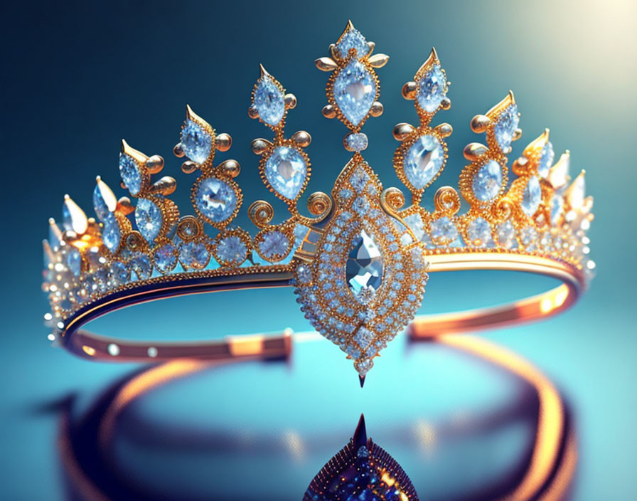 Elegant Golden Tiara with Blue Gemstones and Diamond Detail