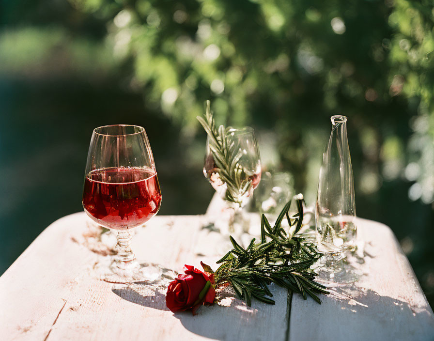 Wine glass, rose and rosemary