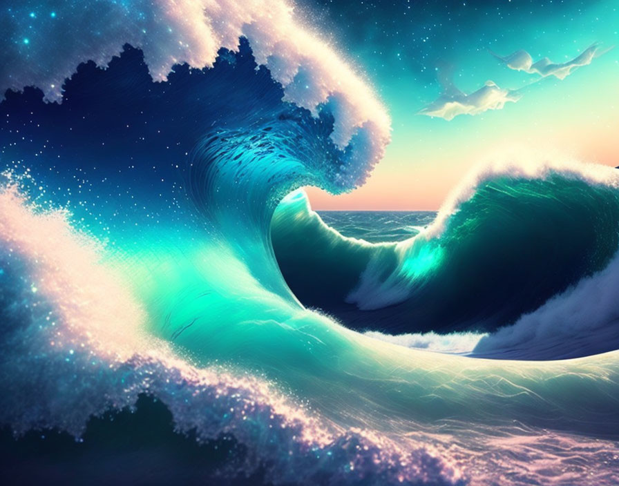 Surreal ocean scene with large blue waves under starry sky