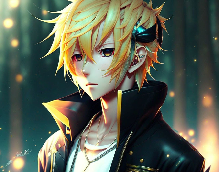 Blonde anime boy with headphones in black jacket on blue background