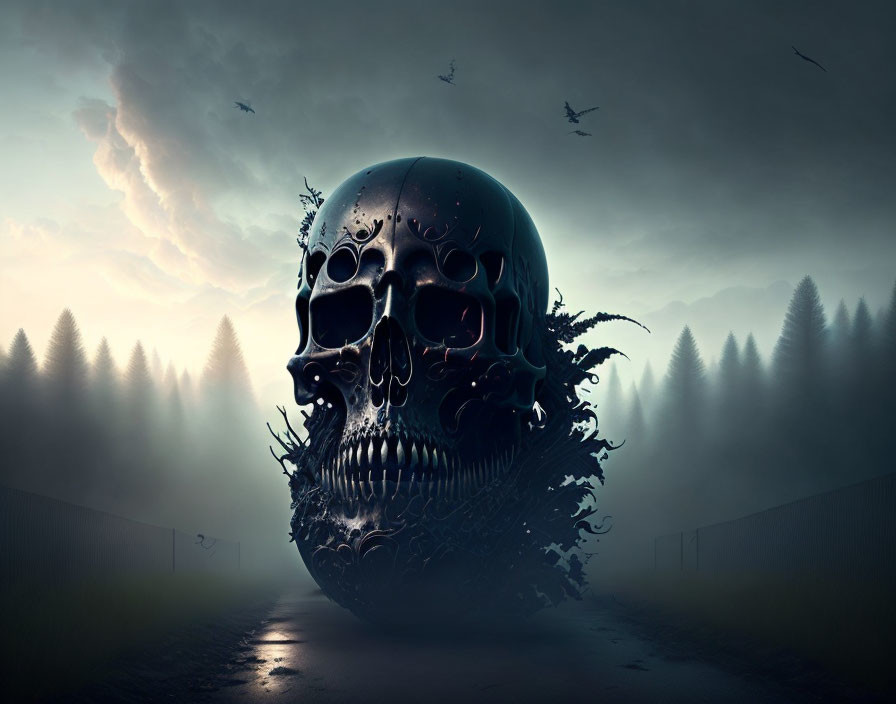 Detailed large skull in misty forest with flying birds under cloudy sky