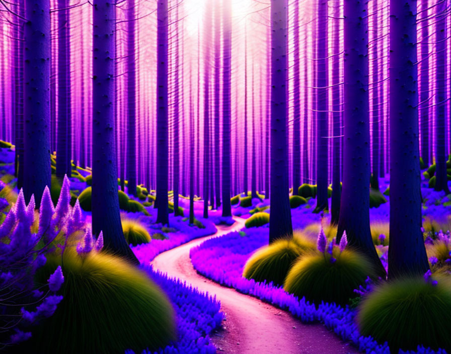 Surreal purple and pink forest with tall trees and winding path