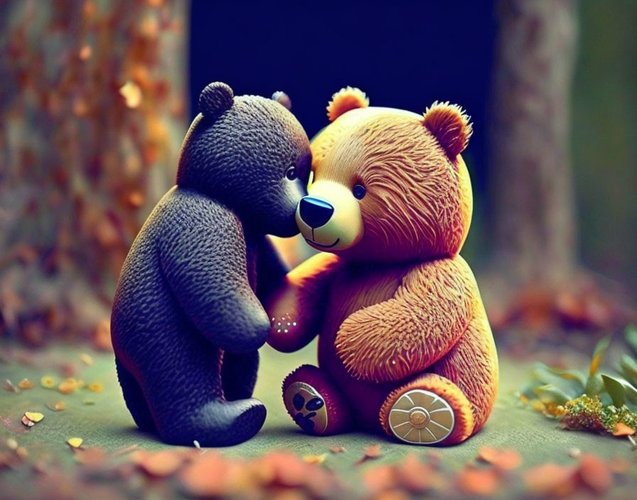 Brown and Tan Teddy Bears Holding Hands in Fallen Leaves