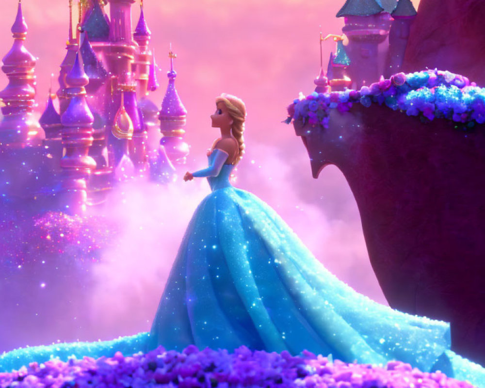 Animated princess in blue gown gazes at distant castle in fantasy landscape