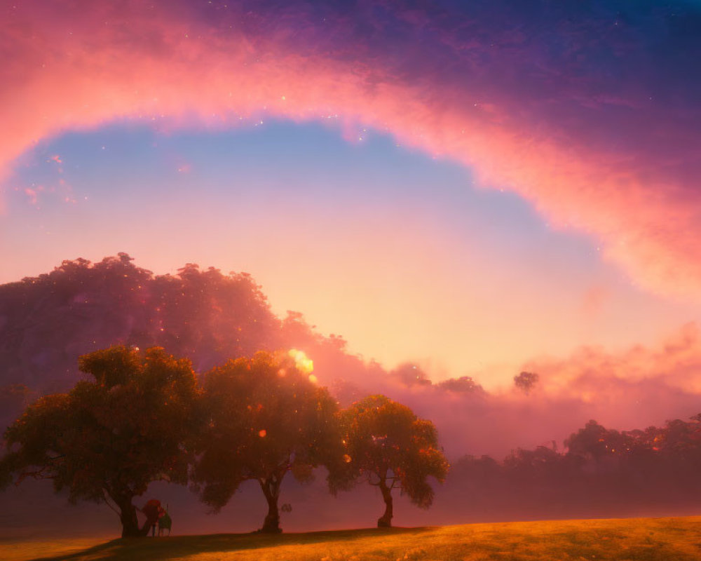 Vibrant purple and orange dusk landscape with silhouetted trees and mystical glow