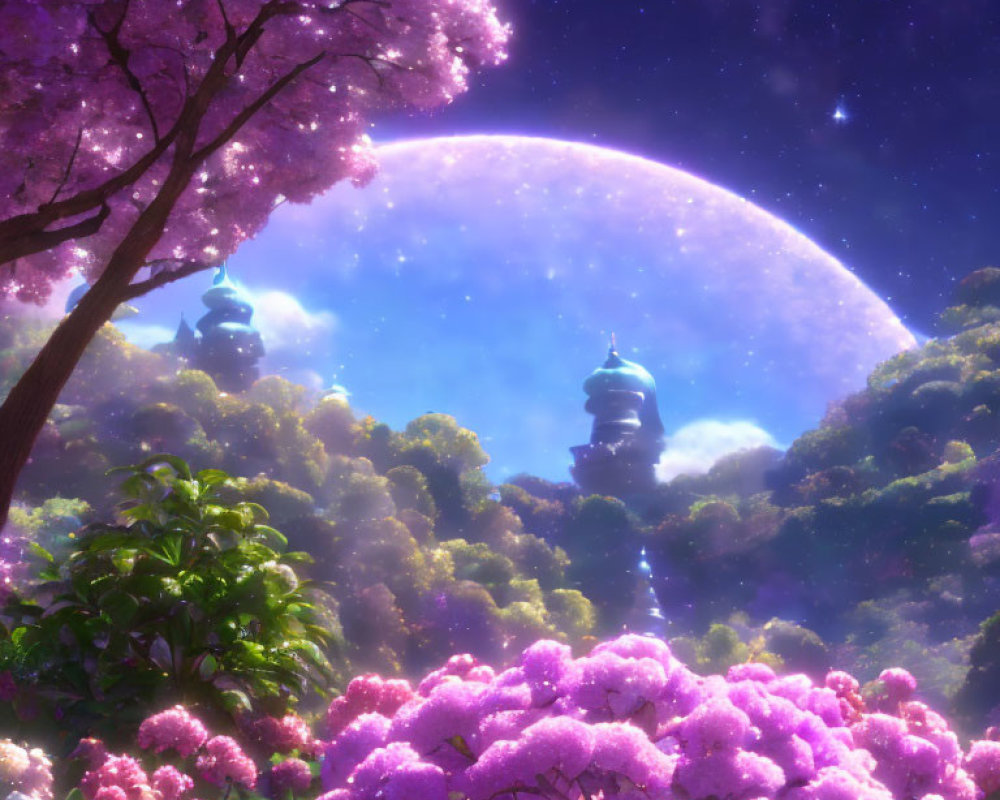 Pink Blossoming Trees and Luminous Moon in Tranquil Night Scene