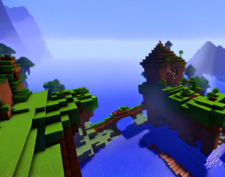 Serene Minecraft landscape with lush greenery and floating island at dawn or dusk