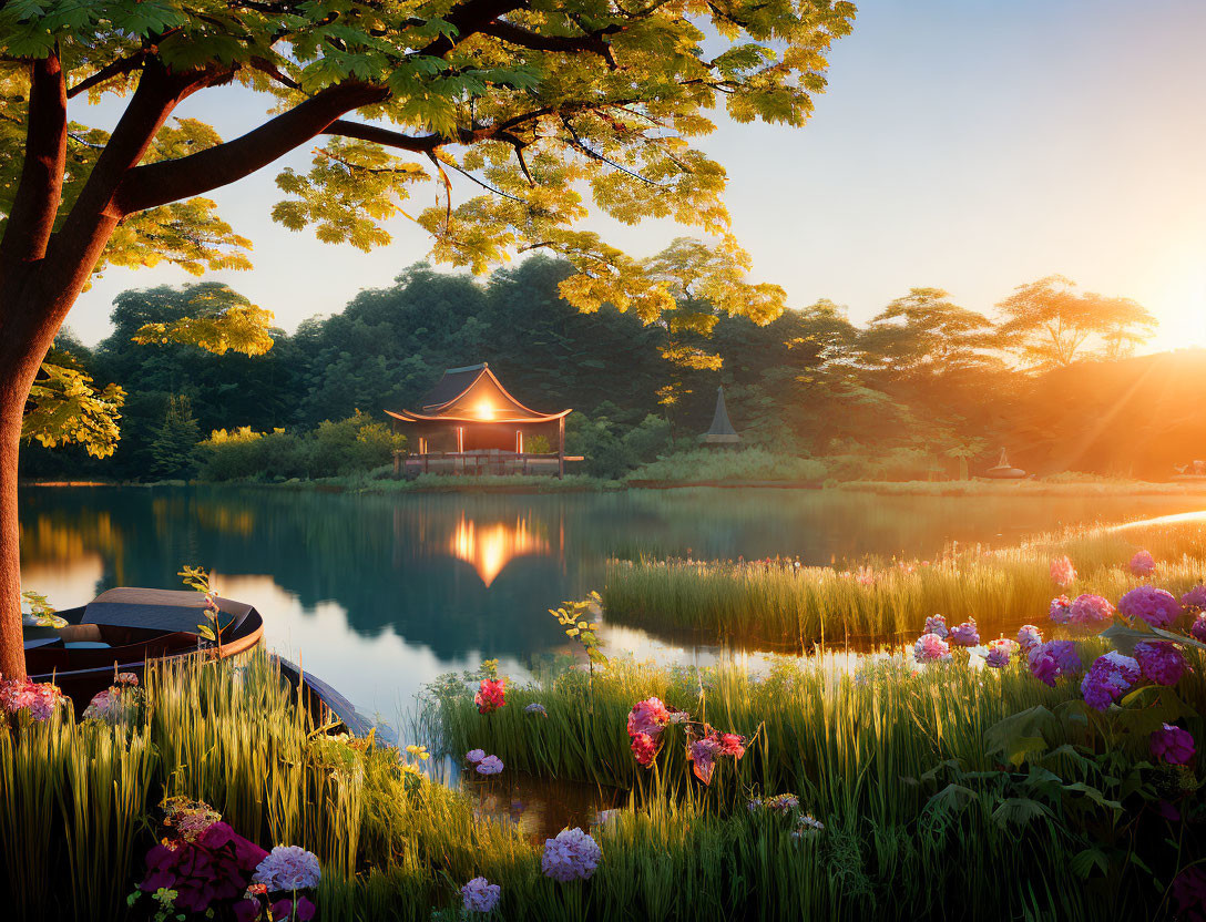 Tranquil lake scene with traditional gazebo, vibrant flowers, lush foliage, and golden hour reflections