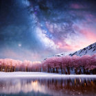 Snow-covered pink trees and frozen lake under starry sky in winter village scene