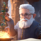 Elderly animated wizards in candle-lit room with open book