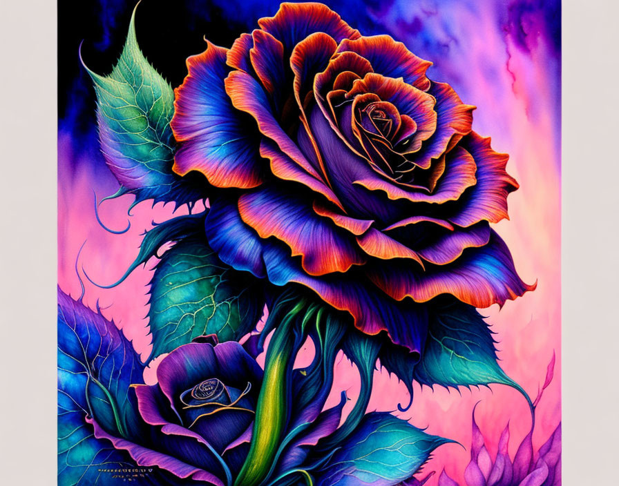 Colorful rose illustration with red and orange petals on purple background