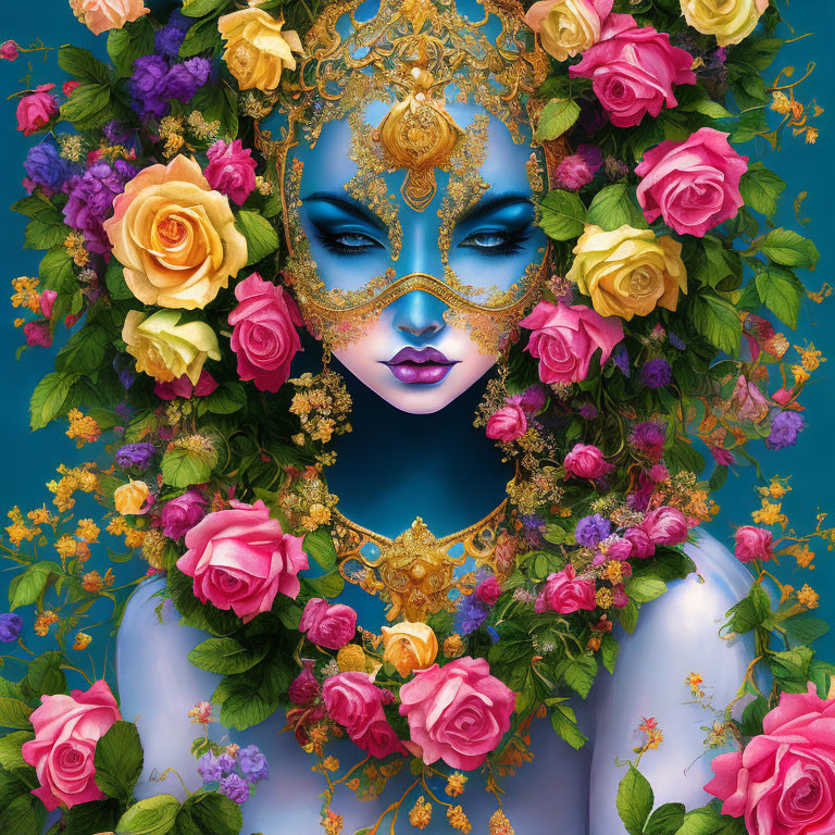 Figure with Blue Skin in Golden Mask Surrounded by Colorful Roses