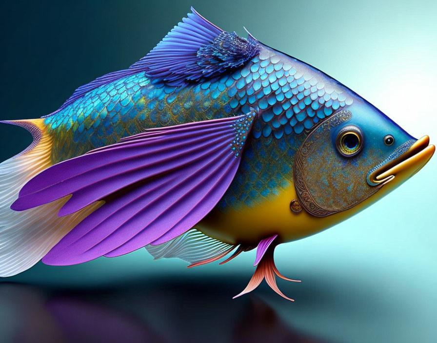 Colorful Stylized Fish with Iridescent Blue and Gold Scales