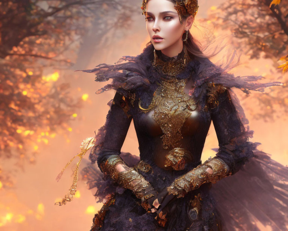 Regal woman in golden armor and dark gown in misty forest portrait
