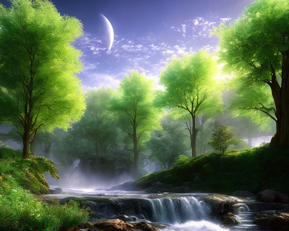 Tranquil forest scene with river, sunlight, and crescent moon