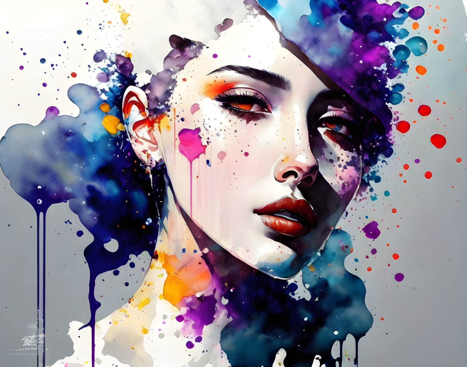 Colorful Watercolor Illustration of Woman with Abstract Features