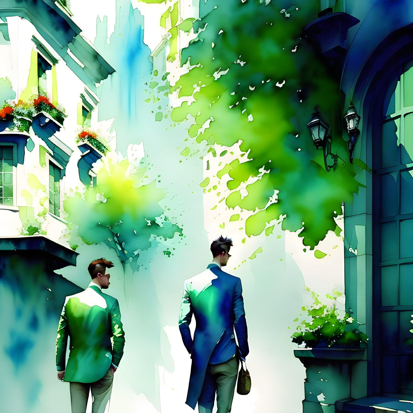 Two people in suits walking in vibrant city street with green foliage and sunlight.