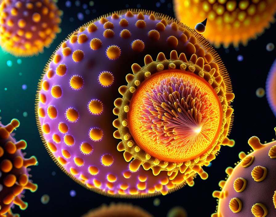 Vibrant Orange Spherical Viruses with Surface Proteins on Dark Background